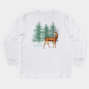 Yosemite National Park California Trees Silhouette Deer Vacation Souvenir Kids Long Sleeve T-Shirt